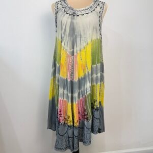 Jessica Taylor Tie Dye Embroidered Tank Dress Free Size  Boho Hippie Flowy